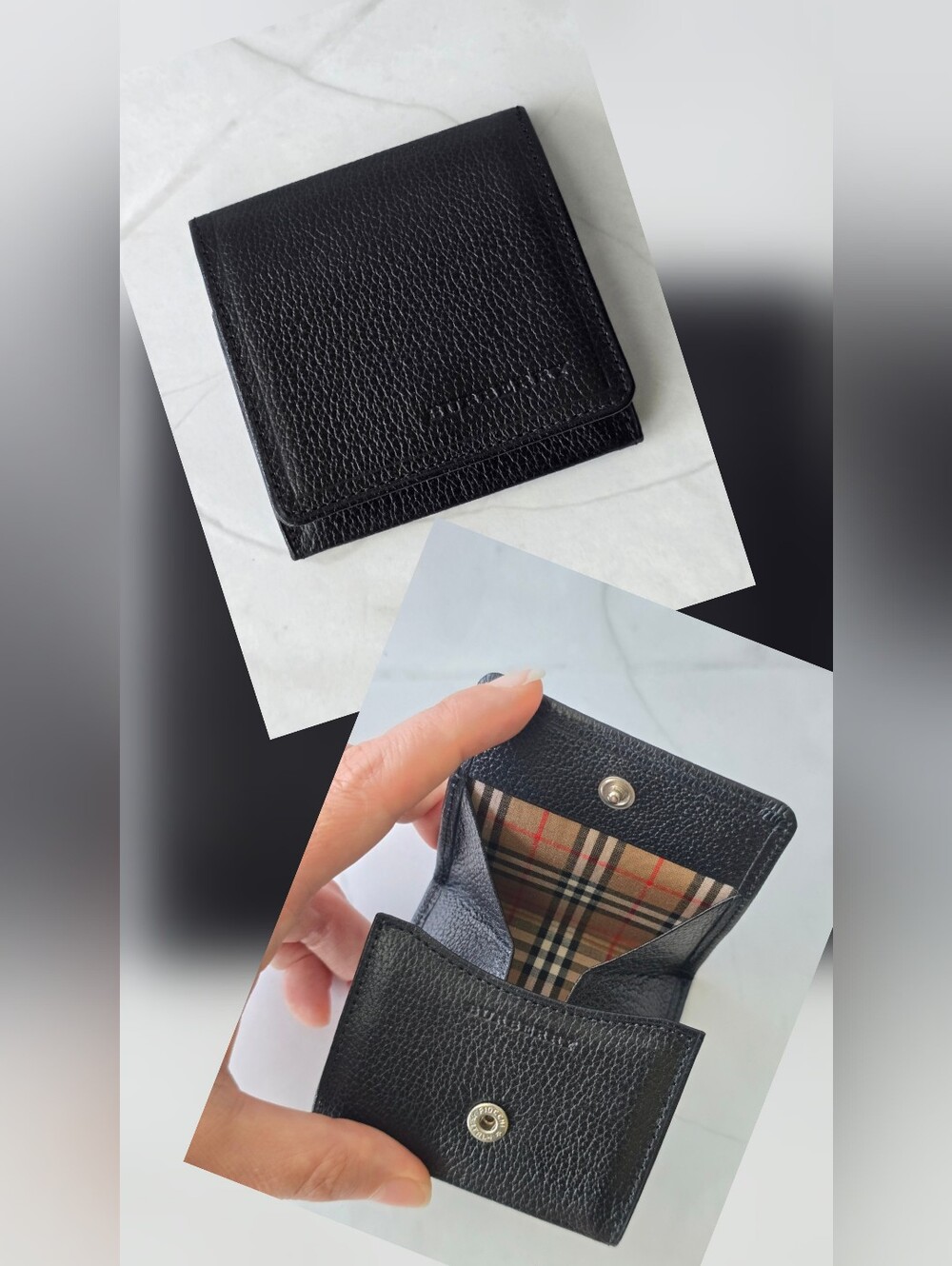 Burberry Black Leather Compact Trifold Wallet Coin Purse